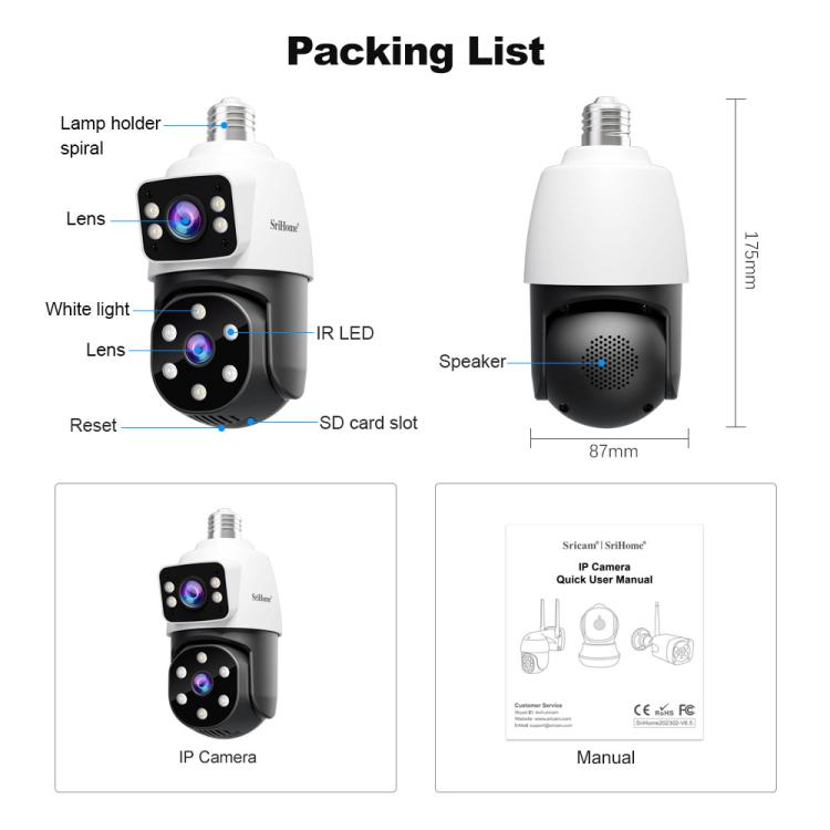 SriHome SH068 E27 4MP HD Dual Lens Light Bulb Camera Outdoor IP66 Waterproof SriHome SH068 E27 4MP HD Dual Lens Light Bulb Camera Outdoor IP66 Waterproof